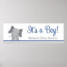 Poster Cute Elephant Chevron Baby shower bleu marine