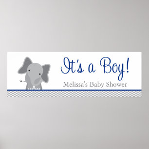 Poster Cute Elephant Chevron Baby shower bleu marine
