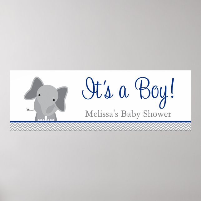 Poster Cute Elephant Chevron Baby shower bleu marine (Devant)