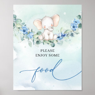 Poster Cute éléphant eucalyptus wreath bleu fleurs nourri