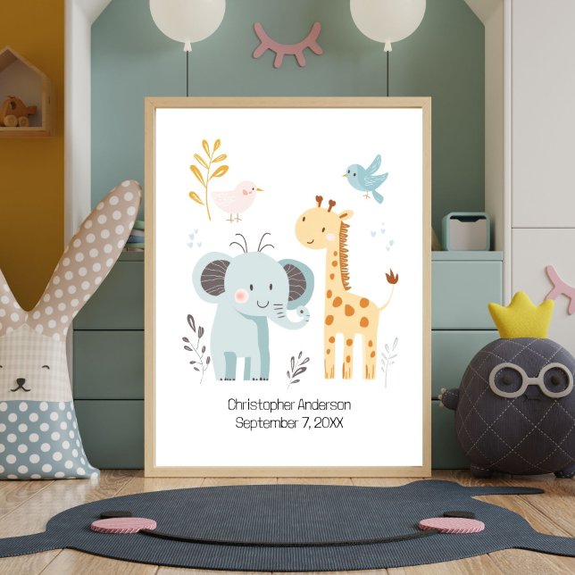 Poster Cute Elephant Giraffe Oiseaux Pépinière personnali (Personalized Birth Stats Nursery Wall Art. Design is Elephant Giraffe and Birds. Add babies name )