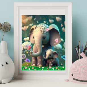 Poster Cute Elephant Mom and Baby Garden of Flowers Art