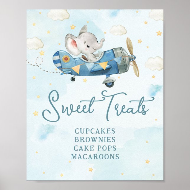 Poster Cute Elephant Plane Aventure Blue Sweet Traitement (Devant)