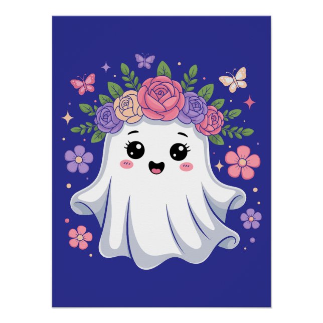 Poster Cute Fantôme Floral Kawaii Fantôme Halloween Kawai (Devant)