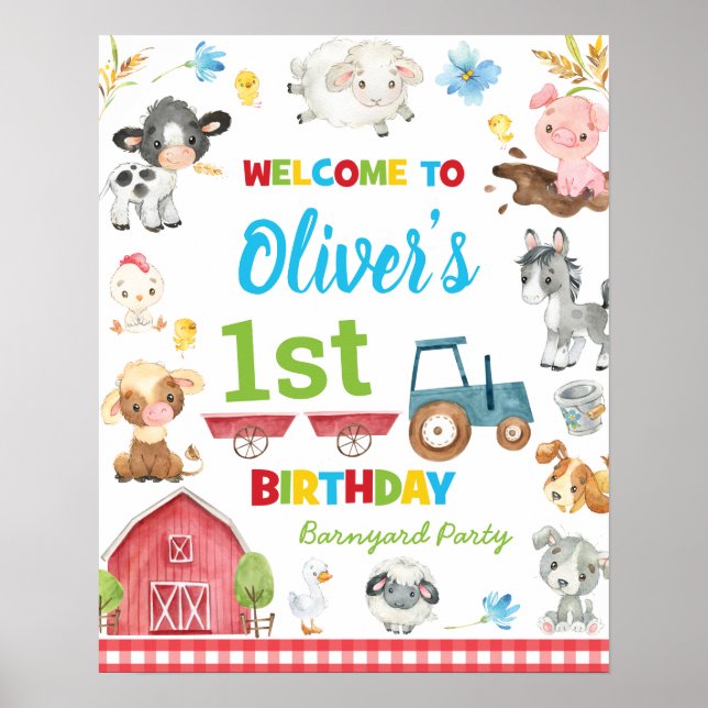 Poster Cute Farm Animaux Barnyard 1er anniversaire Bienve (Devant)