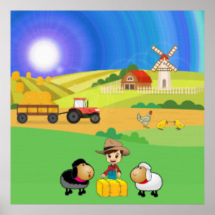 Poster Cute Ferme, moutons et poussins