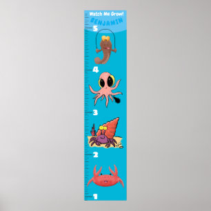 Poster Cute fish sea creatures cartoon growth chart