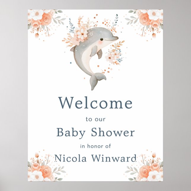 Poster Cute Floral Dolphin Baby Shower Welcome (Devant)