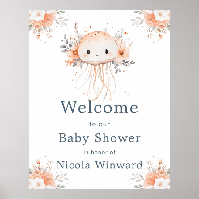 Poster Cute Floral Jellyfish Baby Shower Welcome (Devant)