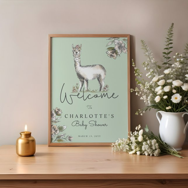 Poster Cute Floral Llama Alpaca Baby shower Bienvenue (Cute Floral Llama Alpaca Baby Shower Welcome Poster)