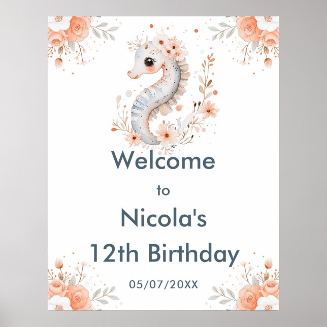 Poster Cute Floral Seahorse Birthday Party Welcome (Devant)