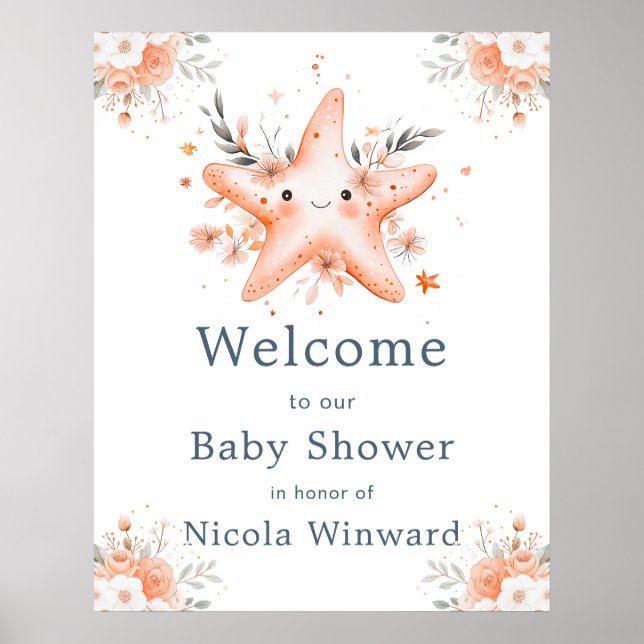 Poster Cute Floral Starfish Baby Shower Welcome (Devant)