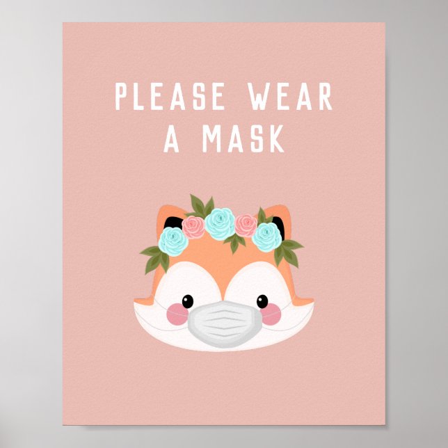 Poster Cute Fox Caractère Floral Porter Un Masque Rose Co (Devant)