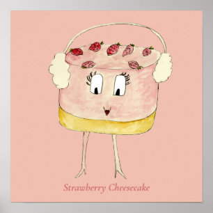 Poster Cute Fraise Cheesecake Drôle Gâteau Quirky Rose