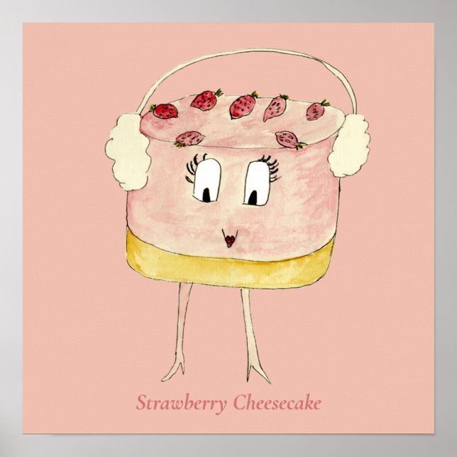 Poster Cute Fraise Cheesecake Drôle Gâteau Quirky Rose (Devant)