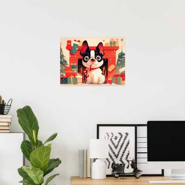 Poster Cute French Bulldog by the Christmas Fireplace (Bureau à domicile)