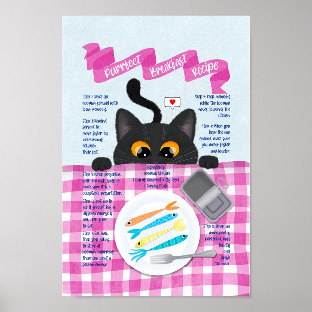 Poster Cute Funny Black Cat Breakfast Recette (Devant)