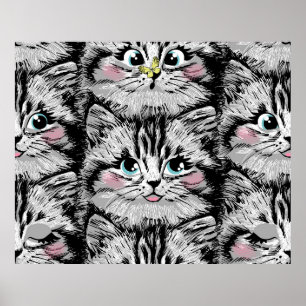 Poster Cute furry kitten face seamless pattern. Illustrat