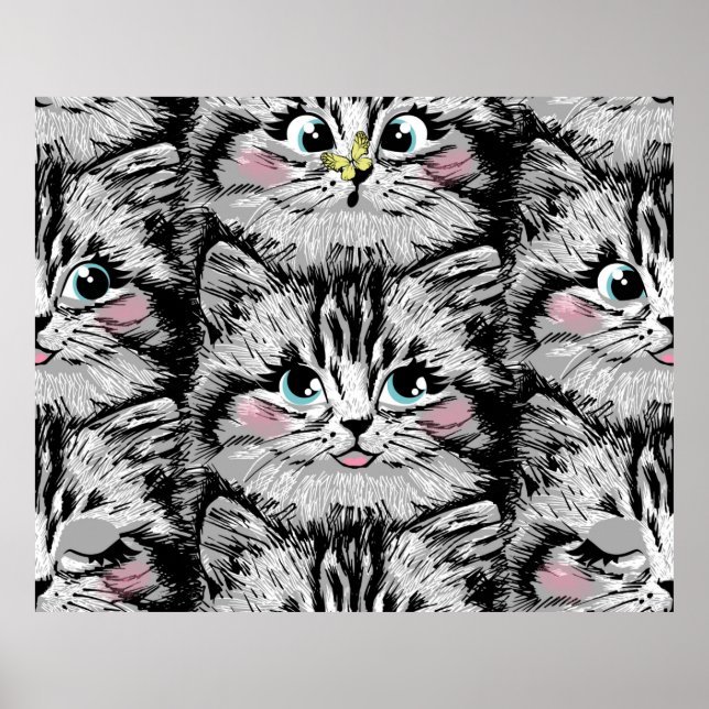 Poster Cute furry kitten face seamless pattern. Illustrat (Devant)