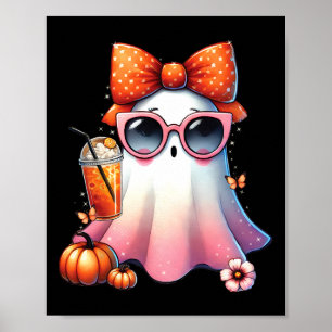 Poster Cute Ghost Boire Café Avec Halloween Bow Femmes