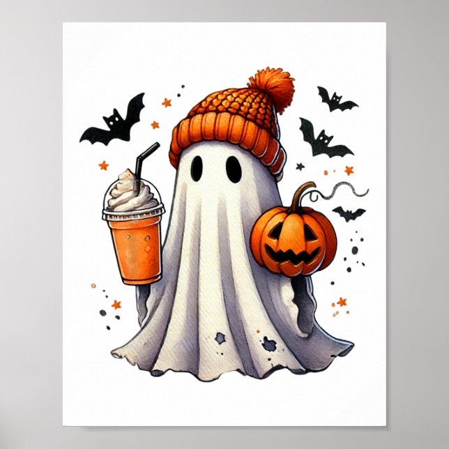 Poster Cute Ghost Boire Café Halloween Ghost Ice Cof (Devant)