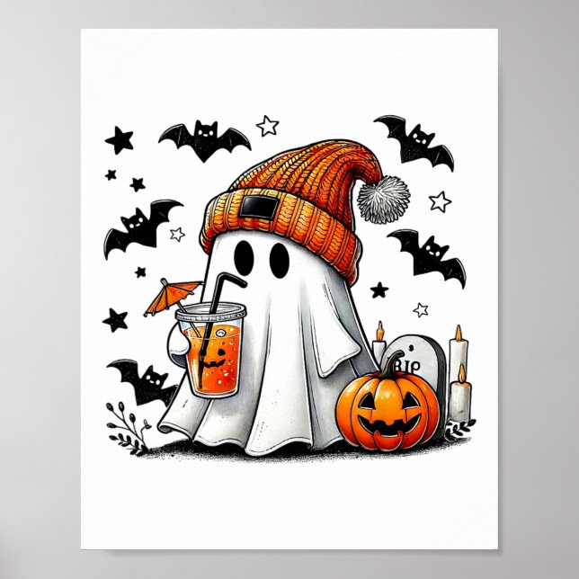 Poster Cute Ghost Boire Café Halloween Ghost Ice Cof (Devant)
