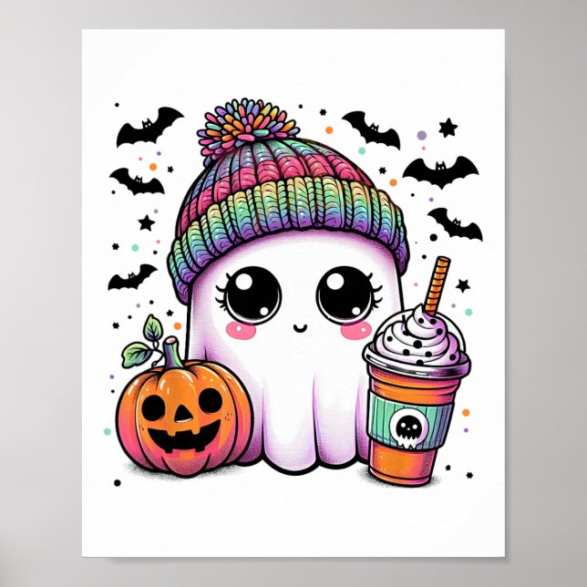 Poster Cute Ghost Boire Café Latte Ghost Boo Hallowe (Devant)