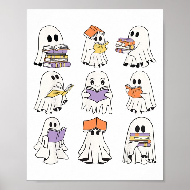 Poster Cute Ghost Livres de lecture Drôle Halloween Livre (Devant)