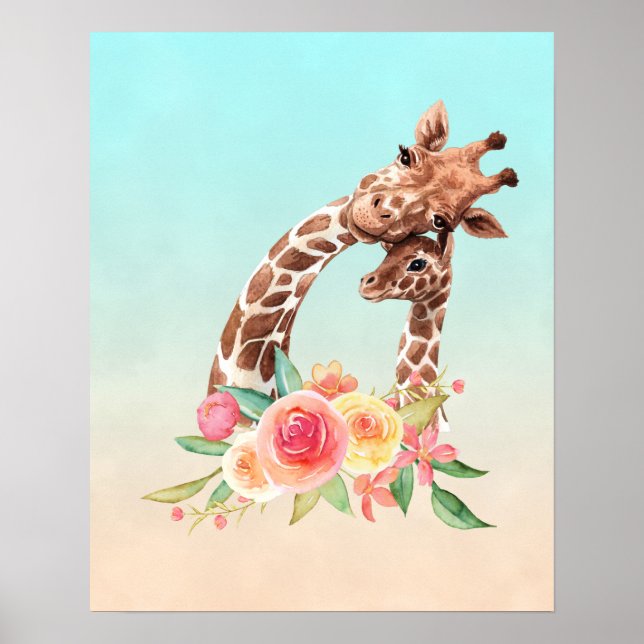Poster Cute Giraffe Aquarelle Maman & Bébé (Devant)