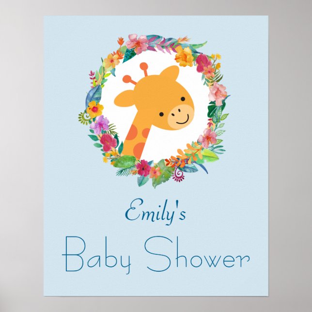 Poster Cute Giraffe avec un Baby shower de couronne fleur (Devant)