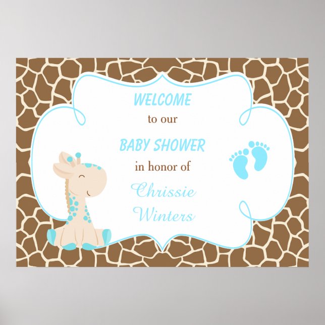 Poster Cute Giraffe Boy Baby shower bleu (Devant)