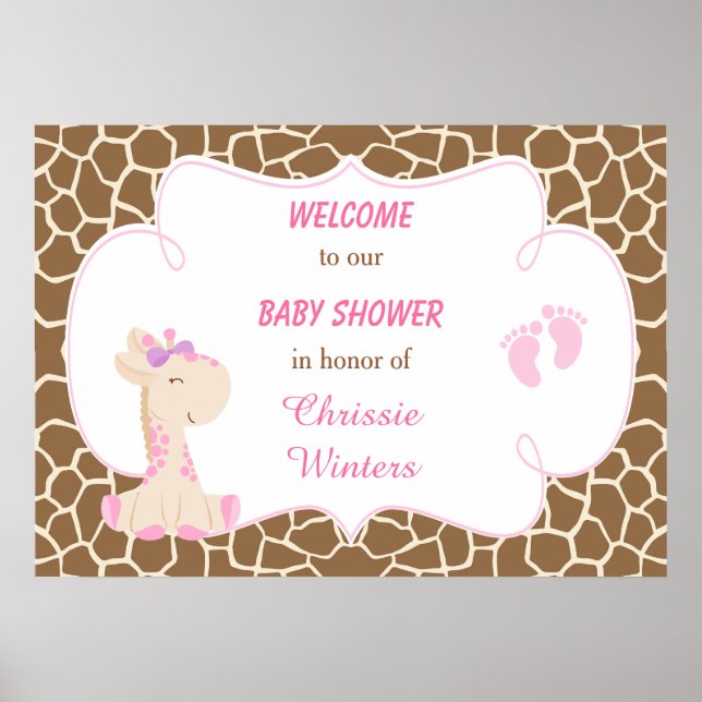 Poster Cute Giraffe Girl Baby shower rose (Devant)