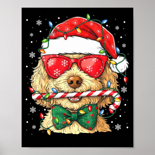 Poster Cute Goldendoodle Santa Hat Xmas Lights Goldendood (Devant)