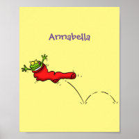 Cute grenouille dans une chaussette rouge saut de