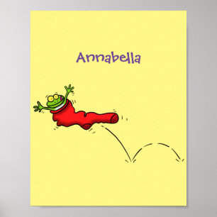 Poster Cute grenouille dans une chaussette rouge saut de 
