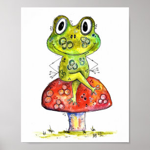 Poster Cute Grenouille verte Whimsical sur Toadstool