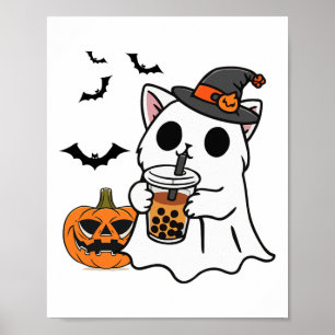 Poster Cute Halloween Chat En Costume Fantôme Boire Boba