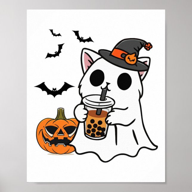 Poster Cute Halloween Chat En Costume Fantôme Boire Boba (Devant)