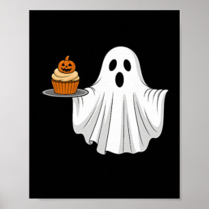 Poster Cute Halloween Ghost Holding Citrouille Cupcake Po
