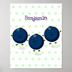 Poster Cute happy blueberries purple cartoon illustration