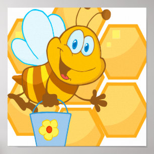 Poster cute happy honey bee and honeycomb