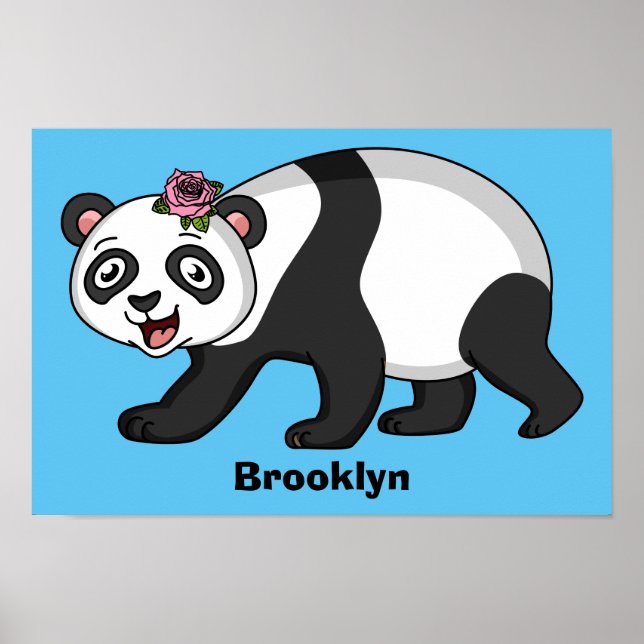 Poster Cute happy panda bear with flower cartoon (Devant)