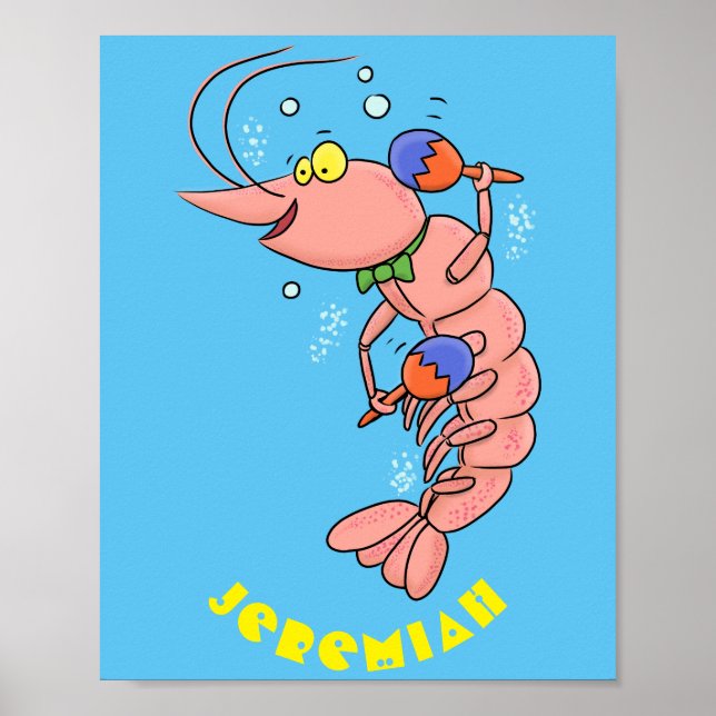 Poster Cute happy shrimp, dessin animé de crevettes (Devant)