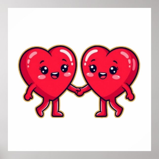 Poster Cute Heart Characters Holding Hands (Devant)