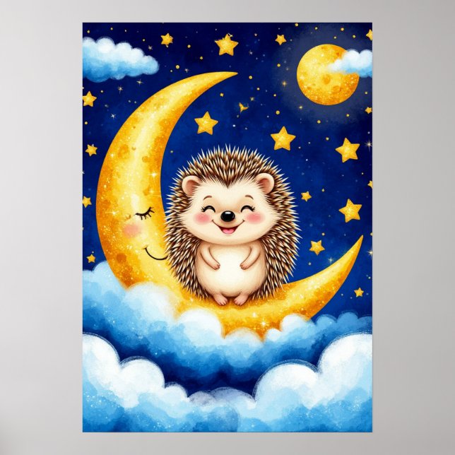 Poster Cute Hedgehog Golden Crescent Moon 🌙  (Devant)