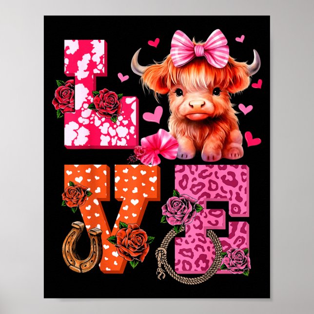 Poster Cute Highland Cow And Nk Heart Valentines Day Love (Devant)