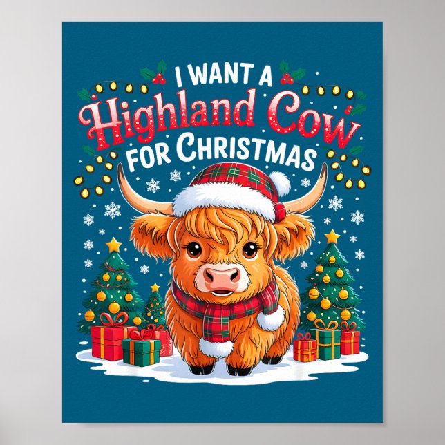 Poster Cute Highland Cow Christmas Funny Santa Lights Hol (Devant)