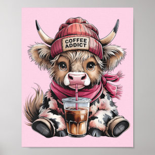 Poster Cute Highland Cow Coffee Addict Drôle Boire Café