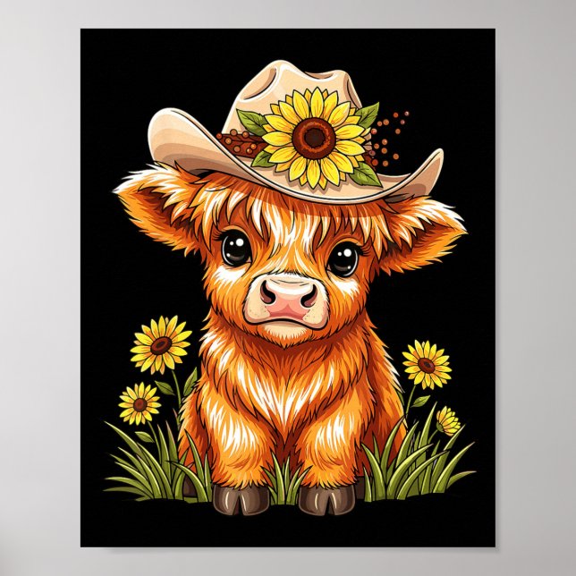 Poster Cute Highland Cow Sunflower Farm Scottish Highland (Devant)
