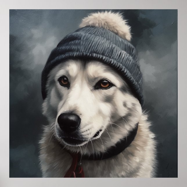 Poster Cute huste vêtu de bleu casquette d'hiver (Devant)